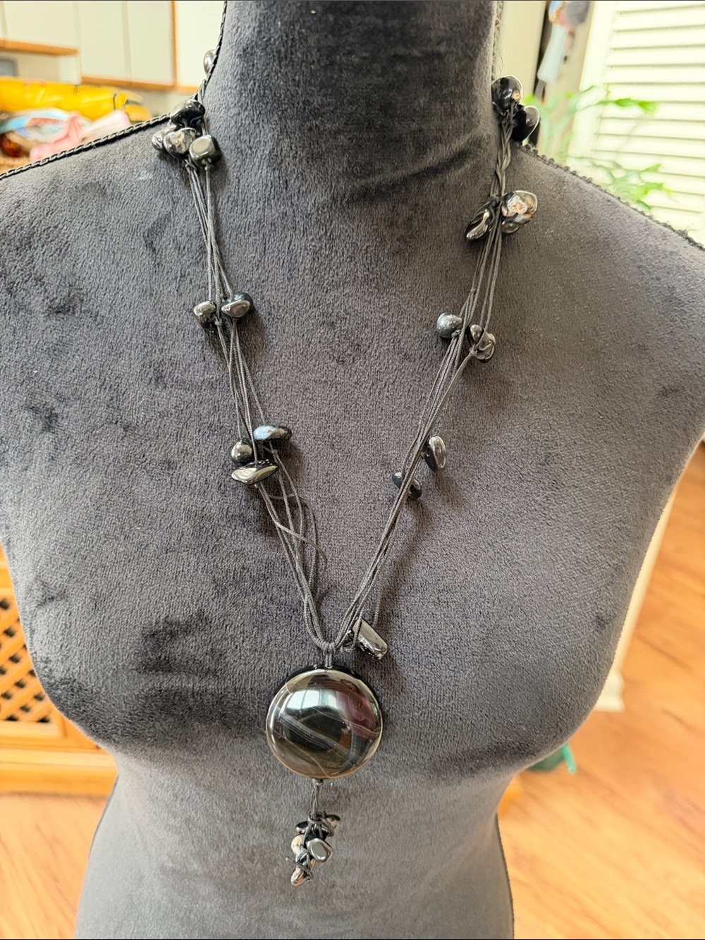 Handcrafted Black Glass Bead Multi-Strand Pendant Necklace